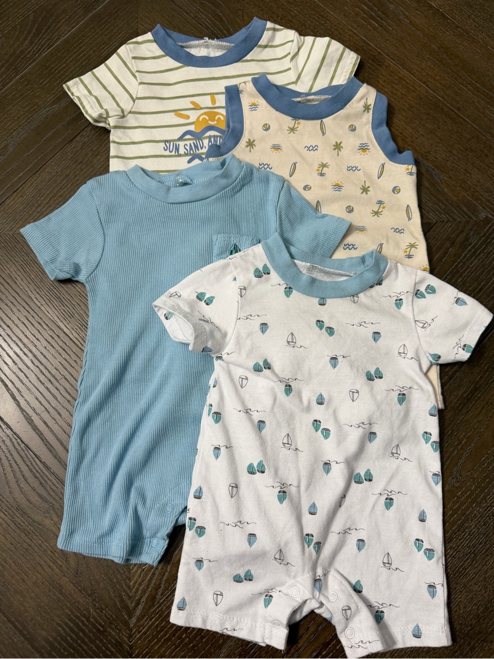Baby Boys 4-Pack Summer One-Piece Rompers - Blue, White, Cream, Green Accents